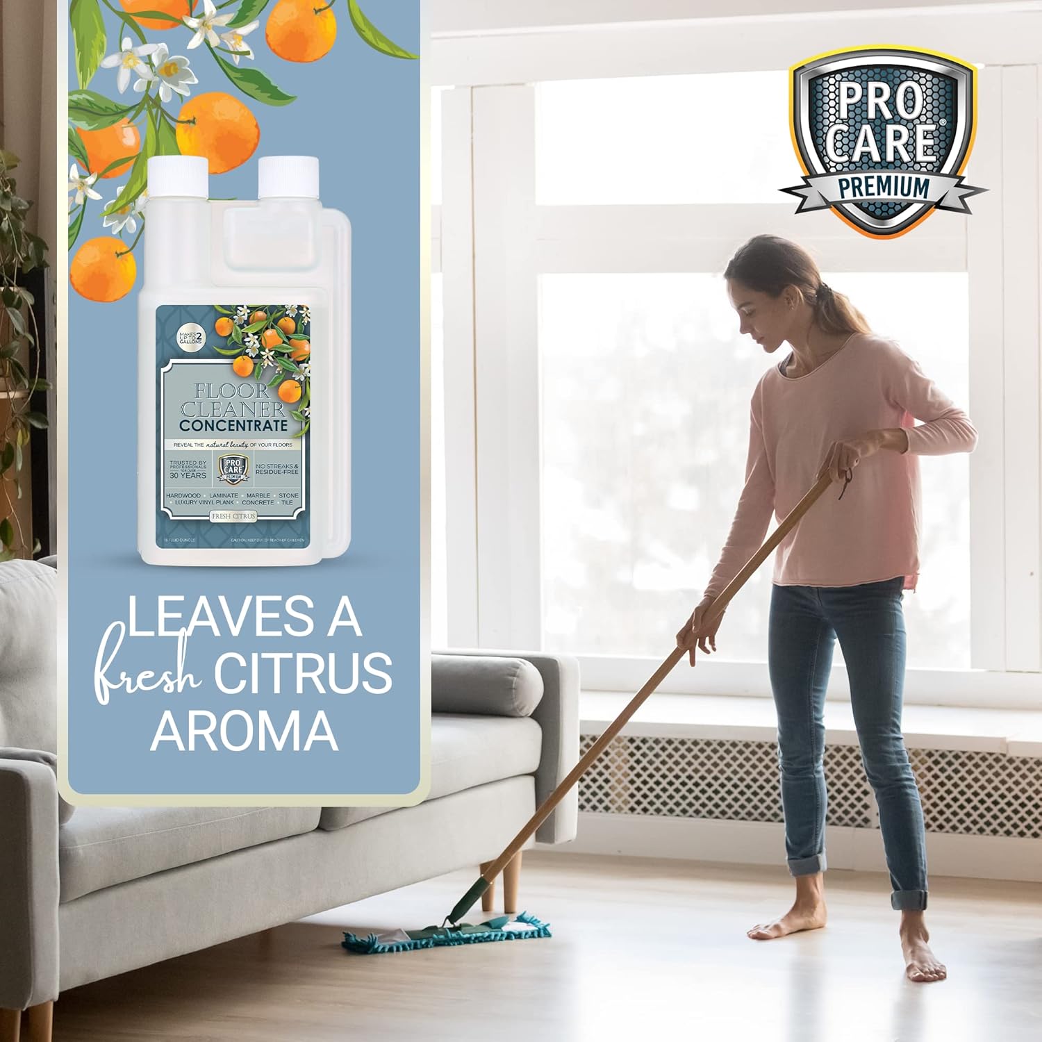 ProCare Citrus Floor Cleaner Concentrate (Made in USA) | Vinyl, Wood, Tile, Stone & Laminate Floor
