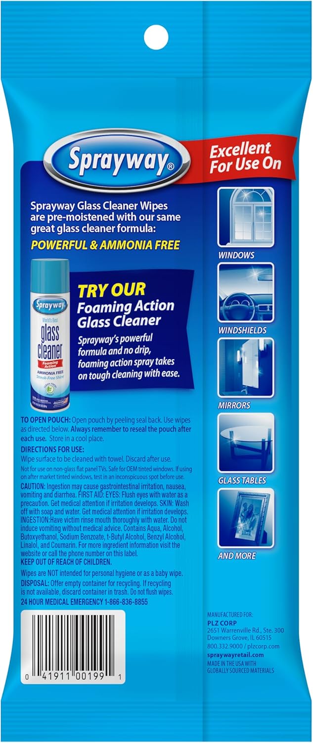 Sprayway Glass Cleaner Wipes, 20ct, Pack of 12, On-the-Go Resealable Package, Pre-Moistened