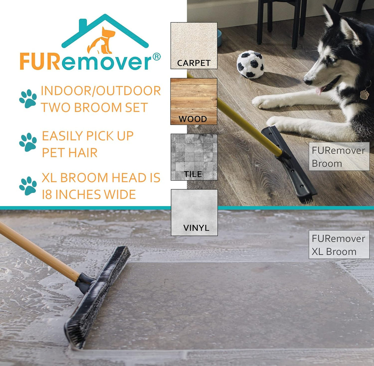 FURemover Pet Hair Rubber Broom 2-Piece Set containing Original and PRO Furemover Brooms for