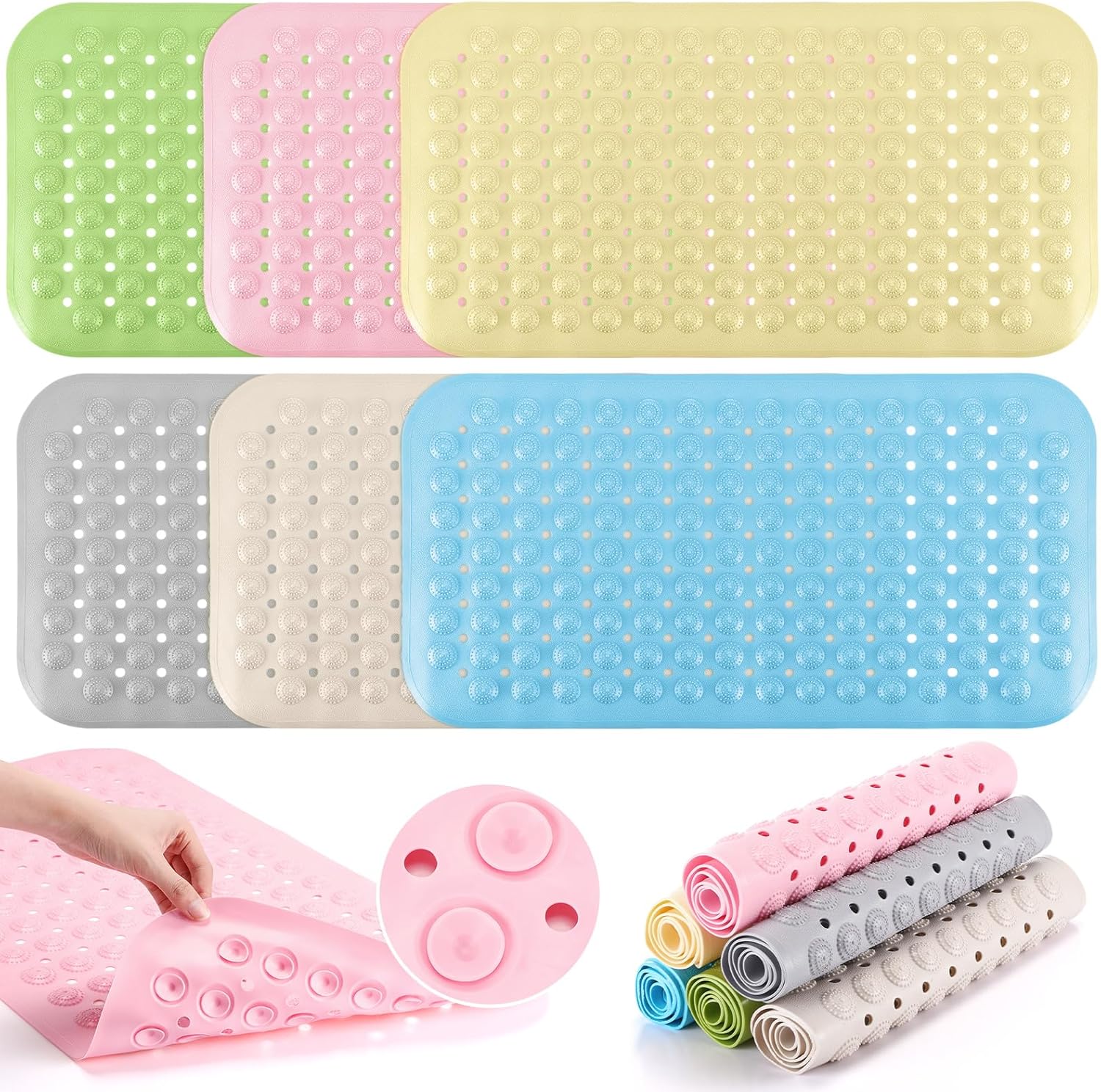 Dunzy 6 Pcs Non Slip Bath Mats 27.6x14.2 Inches TPE Bathtub Mats with Suction Cups Drain Holes