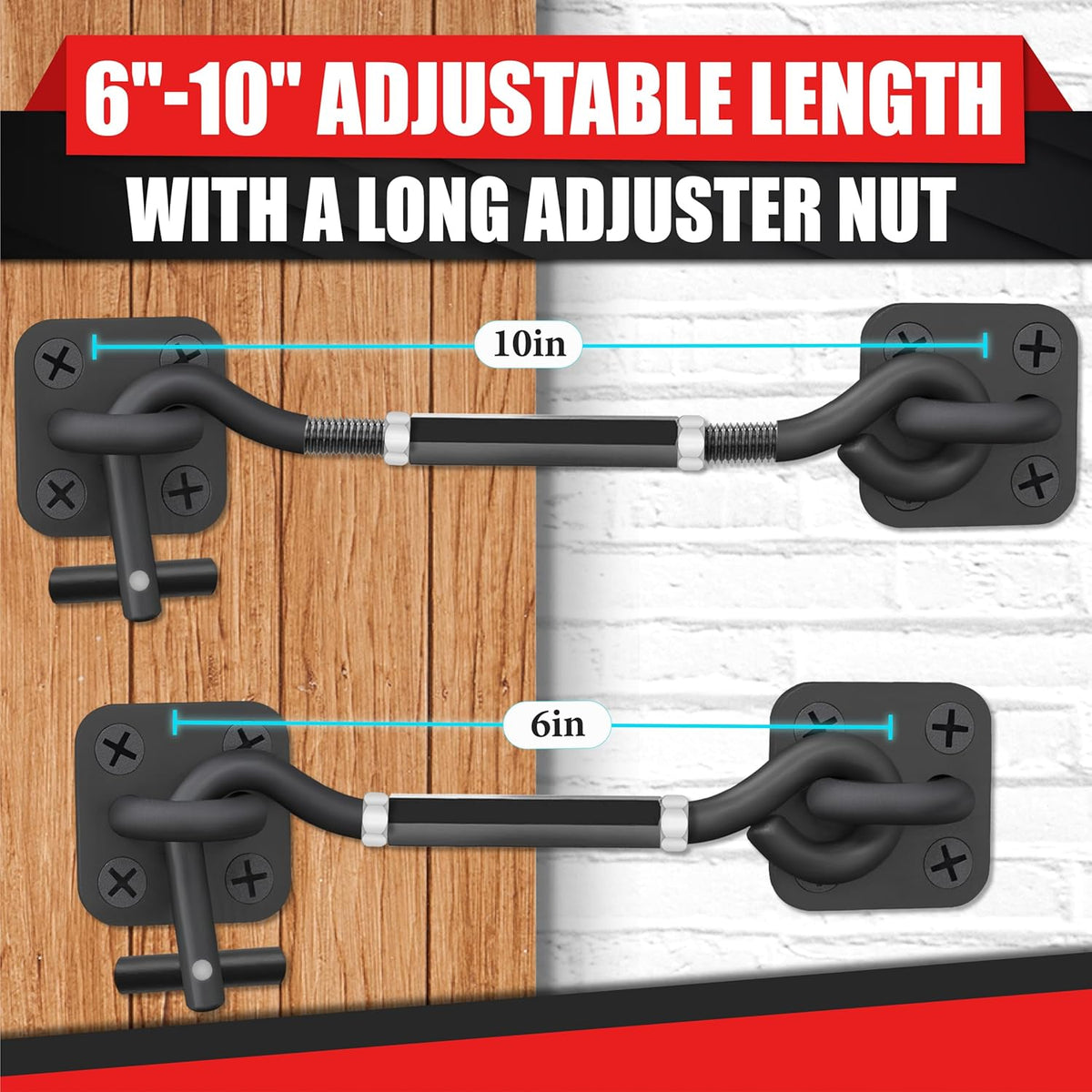 [Upgrade Adjustable] 6”-10” Cabin Hook Eye Latch Gate, Heavy Duty 4 Mounting Points Bracket, Barn