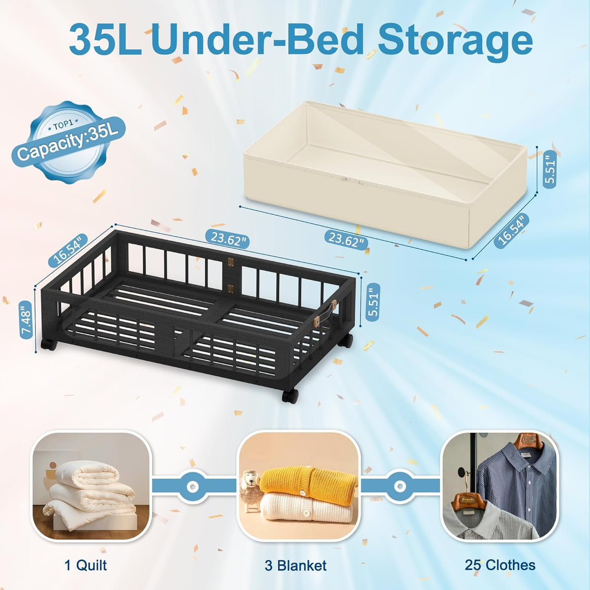 efluky 2-Pack Bamboo Under Bed Storage Containers with Wheels, Under Bed Clothes Storage Basket
