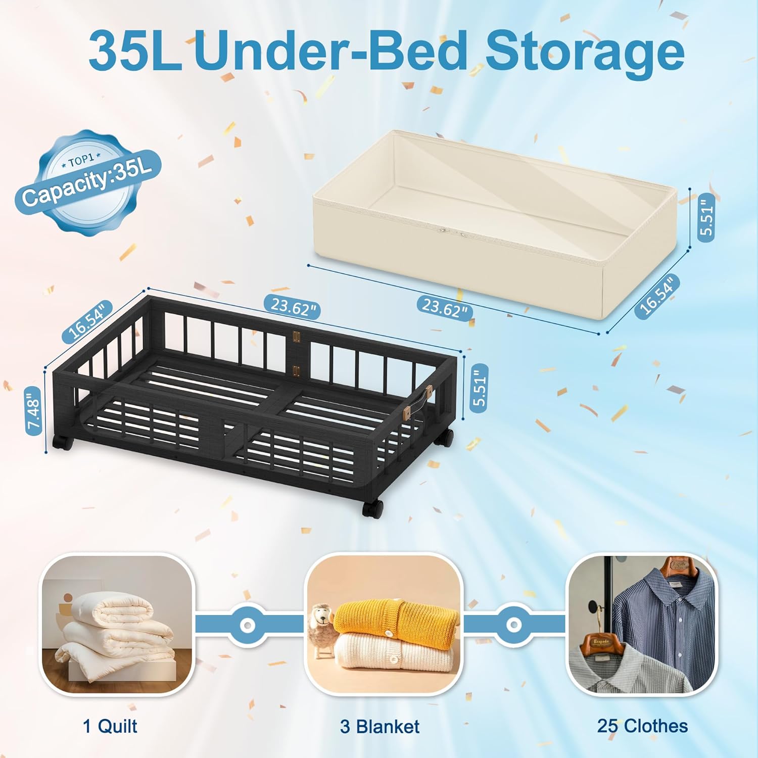 efluky 2-Pack Bamboo Under Bed Storage Containers with Wheels, Under Bed Clothes Storage Basket
