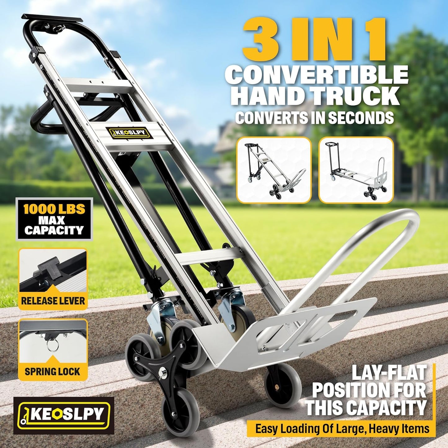 3 in 1 Industrial Convertible Hand Truck, 1000 LBS Capacity Heavy Duty Platform Cart, Utility