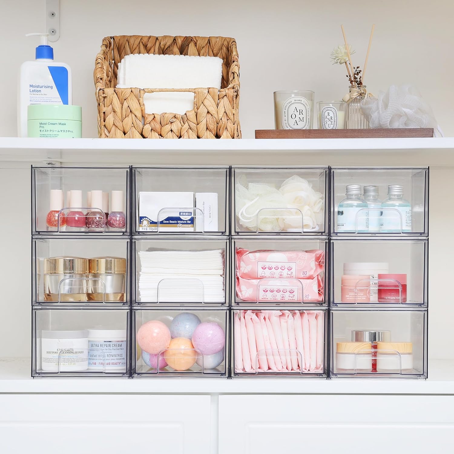Vtopmart 12 Pack Clear Small Stackable Storage Drawers,Acrylic Bathroom Makeup Organizer,Plastic