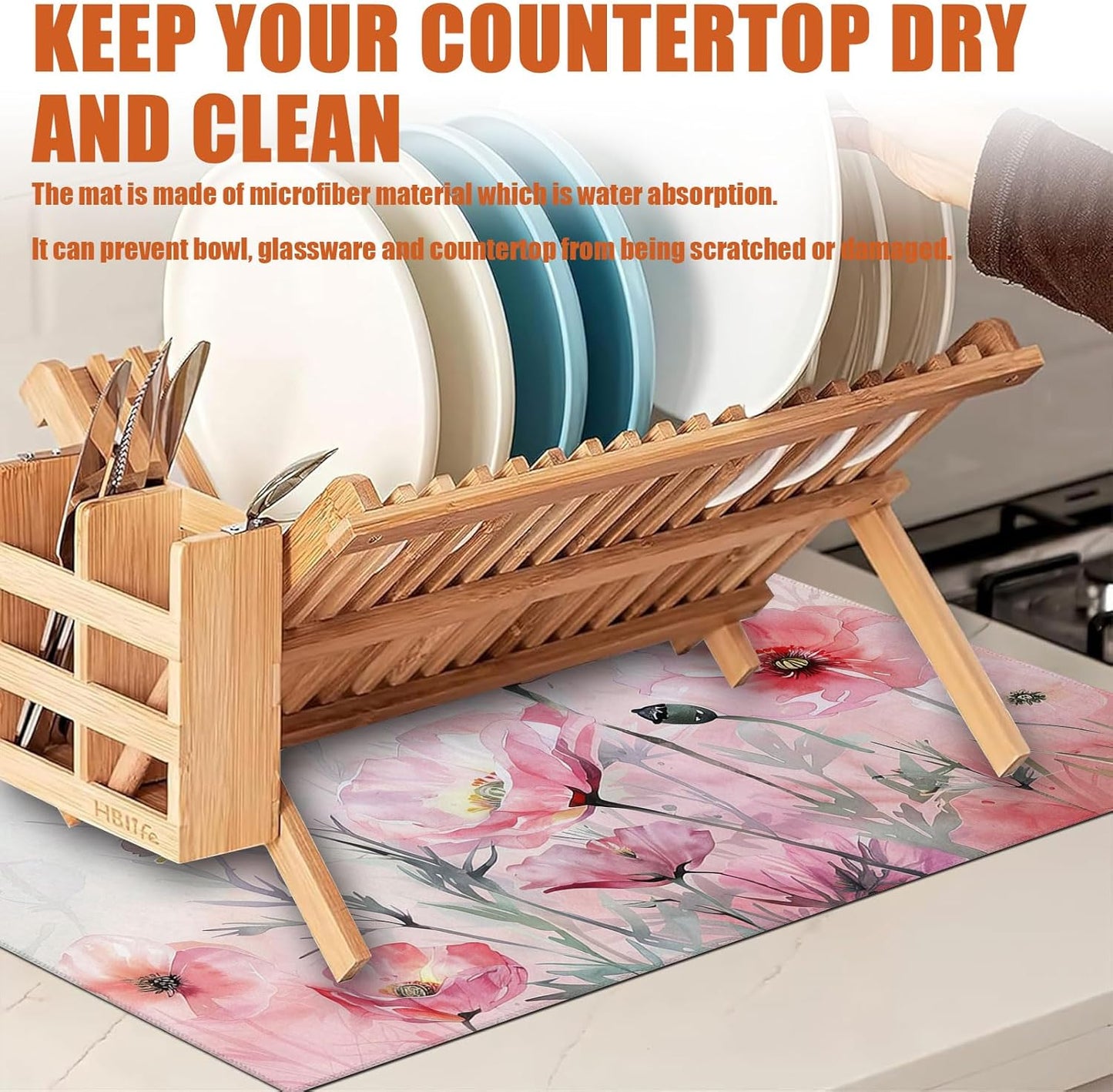 Pink Poppy Flower Dish Drying Mat for Kitchen Counter Microfiber Absorbent Dish Kitchen Drying Mat