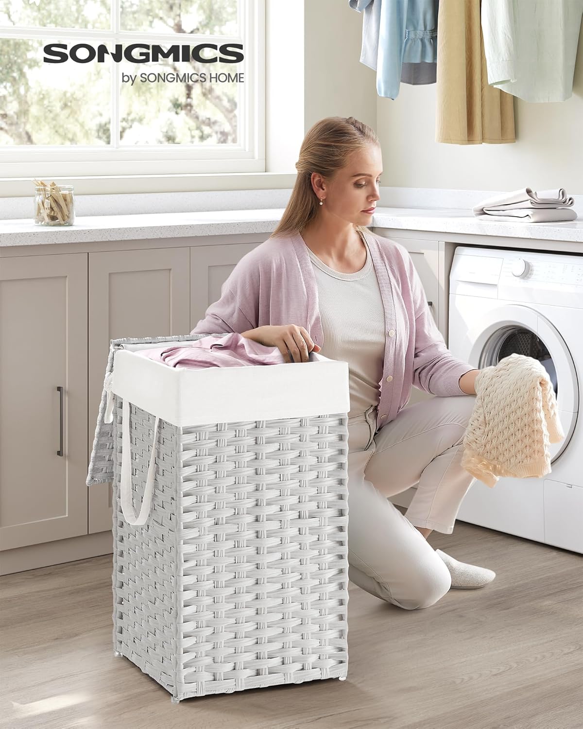 SONGMICS Laundry Hamper with Lid, 17.2 Gallon (65 L) Synthetic Rattan Clothes Laundry Basket with