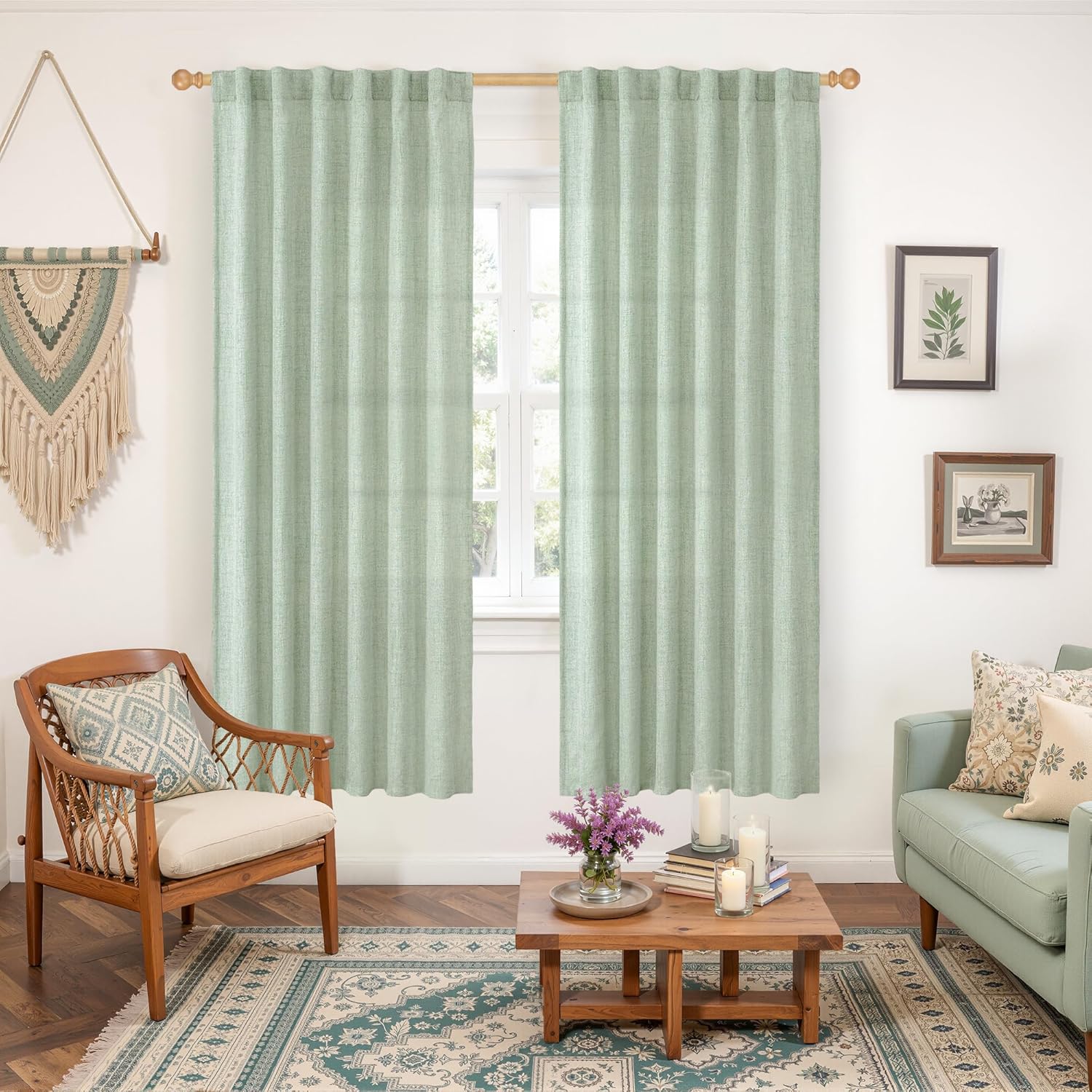 YoungsTex Sage Green Linen Curtains for Living Room 2 Panels, Semi Sheer Drapes Boho Light