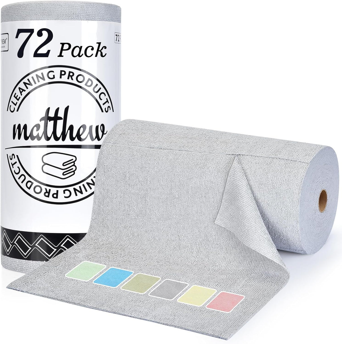 Matthew Microfiber Cleaning Cloth Roll 72Pack (12" x 12") Reusable Paper Towels&Washable Tear Away