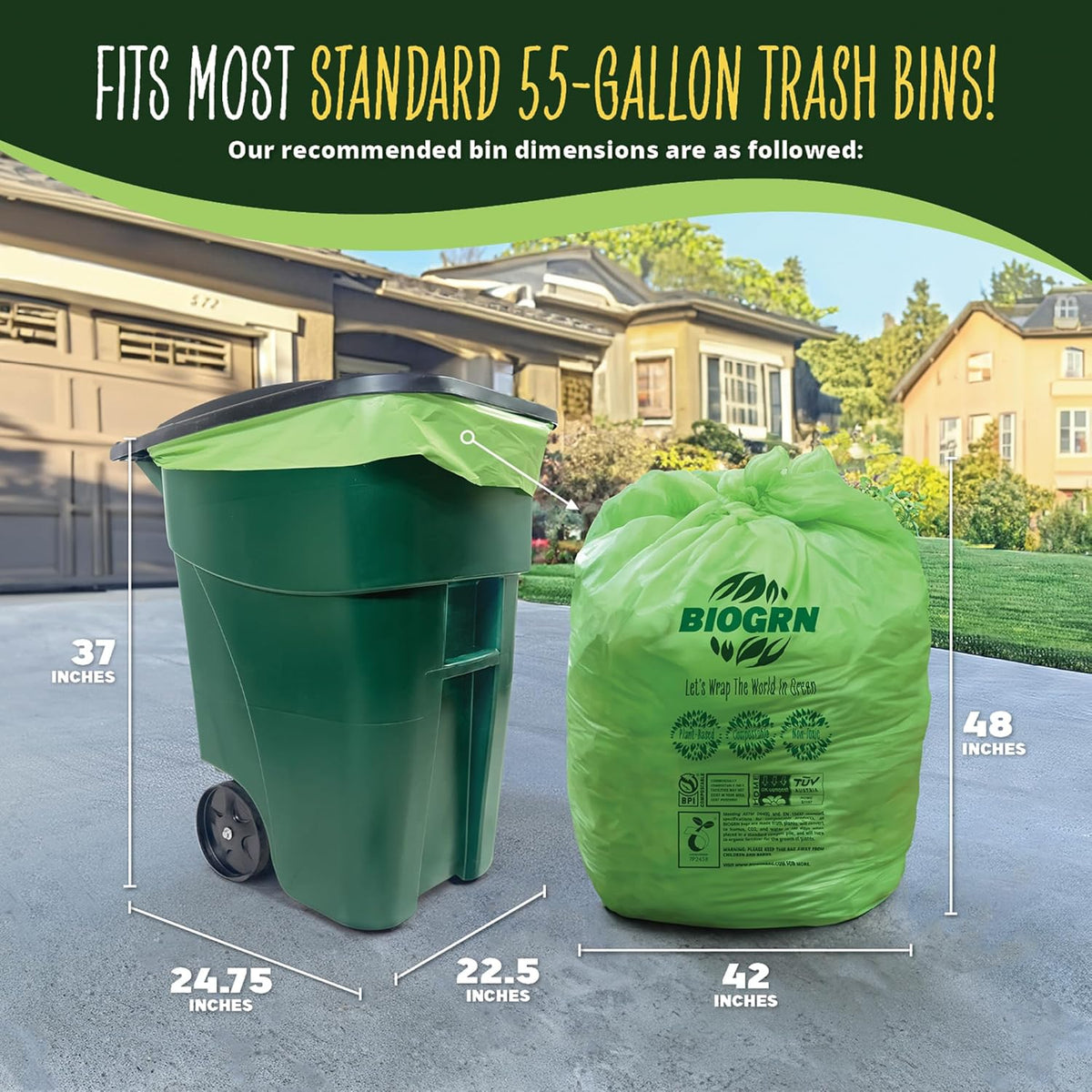 50-55 Gallon Compostable Trash Bags Flat-Top 12 Bags Heavy Duty 1.57 Mil 208.2 Liter Large Lawn and