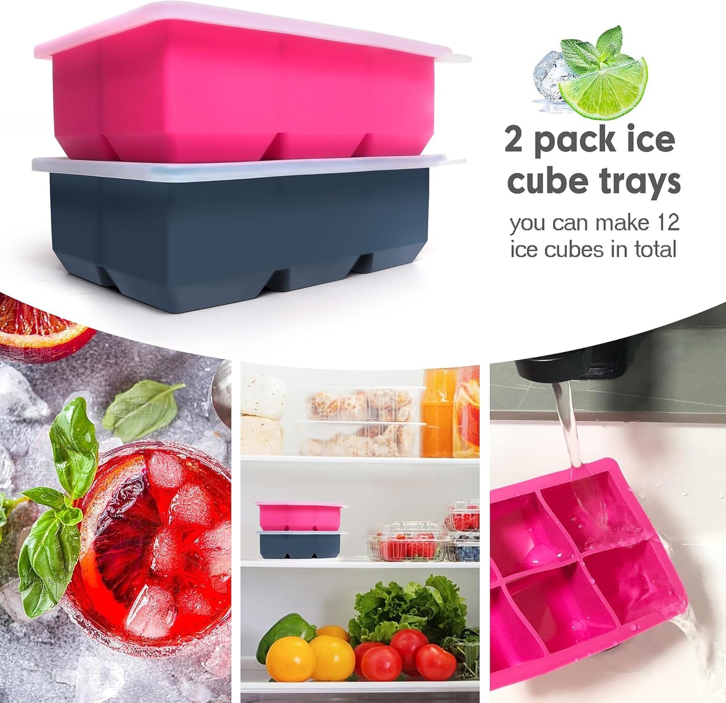 Silicone Ice Cube Trays with Lids,Large Square Ice Cube Molds for Freezer, Whiskey, Cocktail
