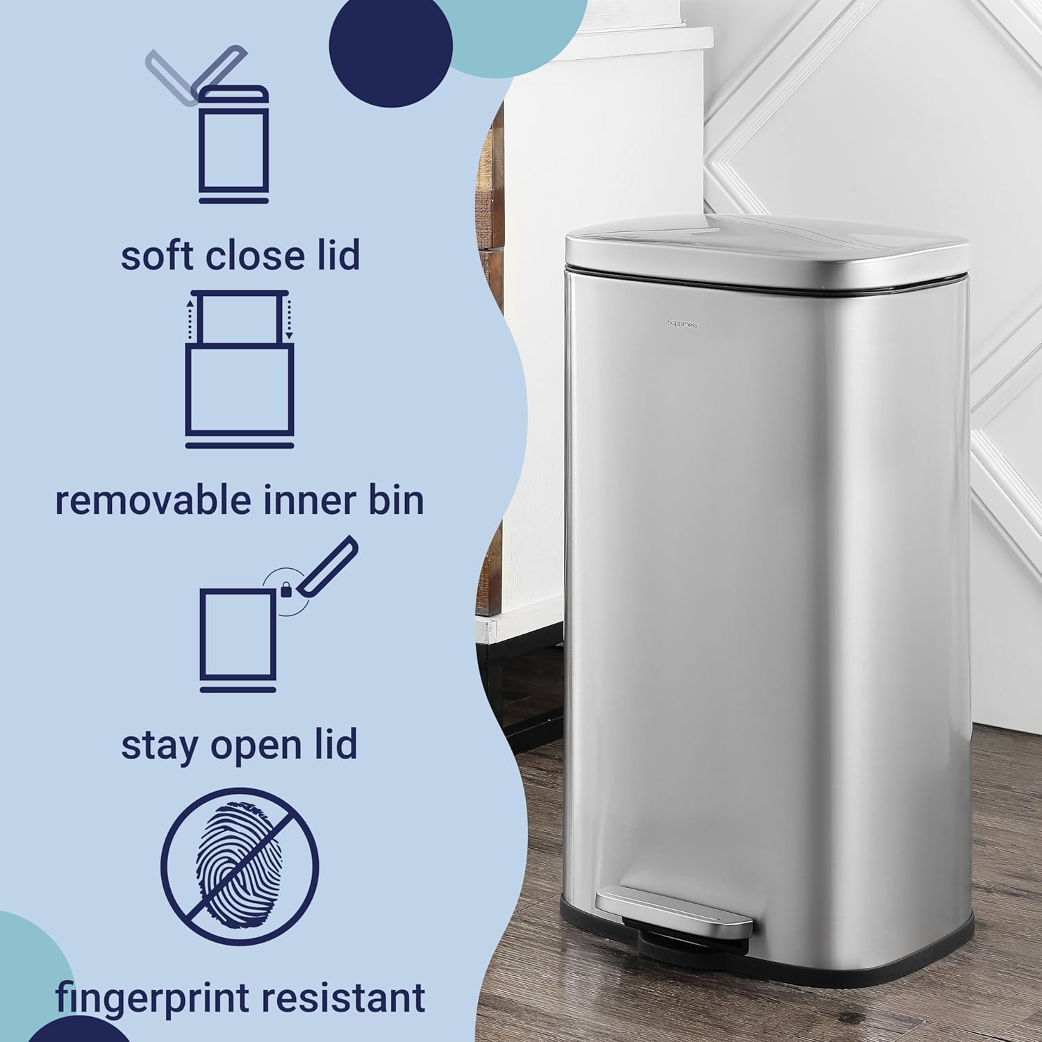 happimess HPM1011A Curtis 8-Gallon Step-Open Trash Can with Soft-Close Lid, Modern, Minimalistic