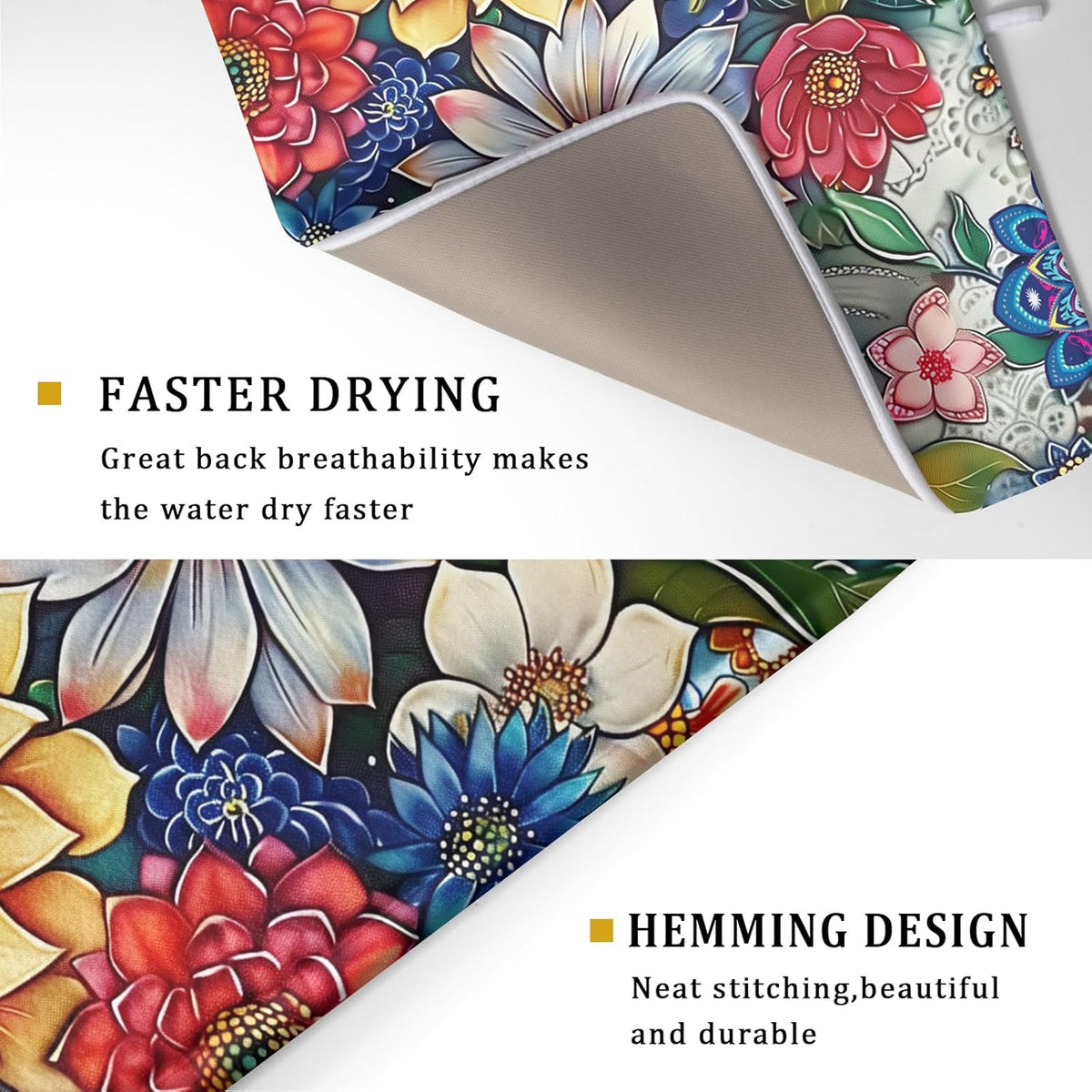 Boho Floral Dish Drying Mat for Kitchen Counter 18x24 Inch Super Absorbent Microfiber Kitchen