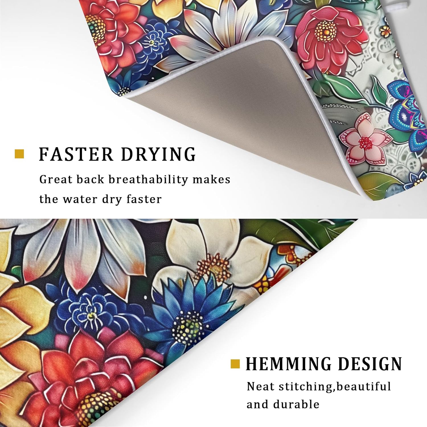 Boho Floral Dish Drying Mat for Kitchen Counter 18x24 Inch Super Absorbent Microfiber Kitchen