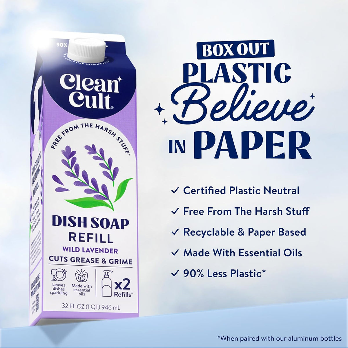 Cleancult Dish Soap Liquid Refills (32oz, 3 Pack) - Plant Based Cleaning Power - Dish Soap that