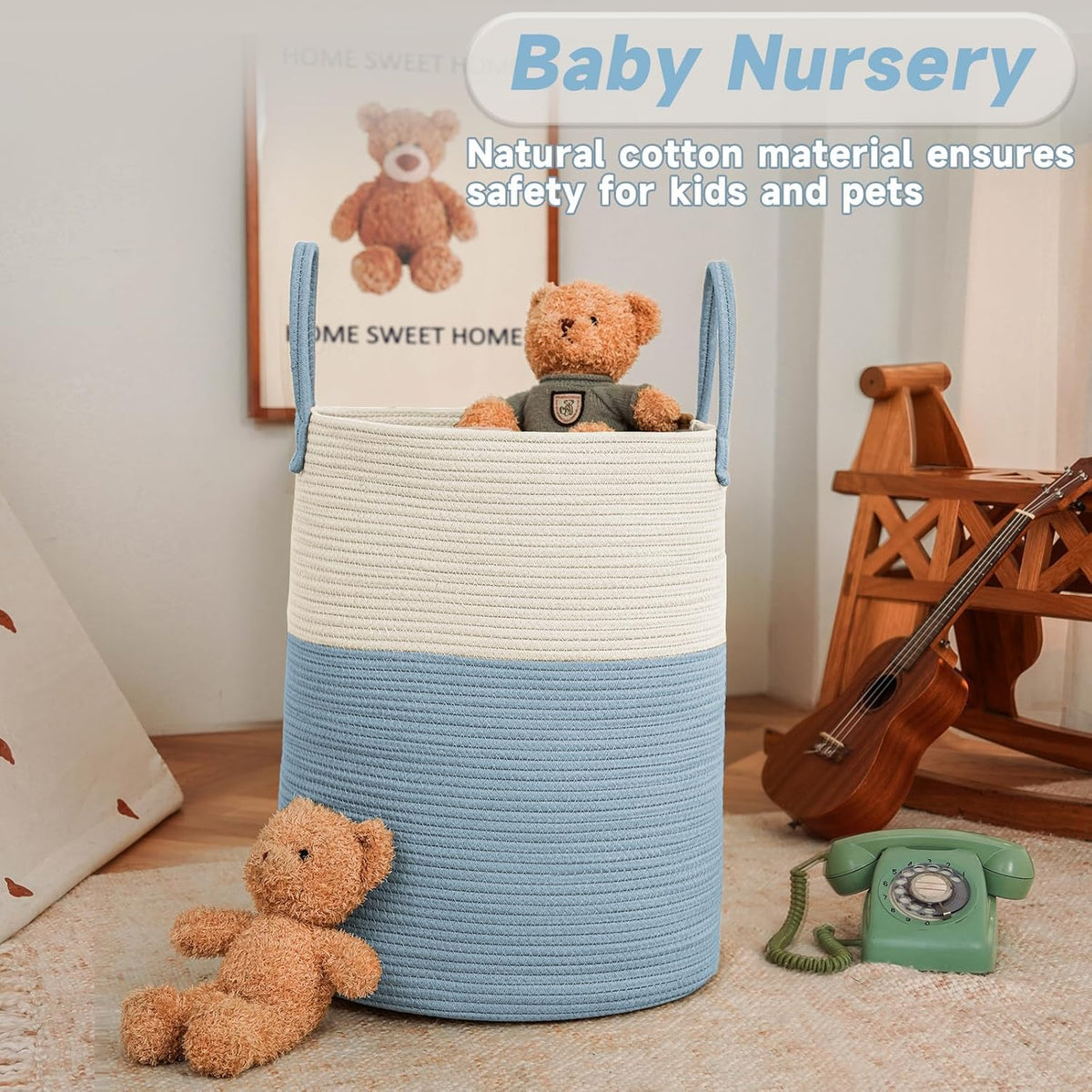 Large Woven Laundry Basket Hamper,60L Cotton Rope Storage Bin for Blankets,Toys and