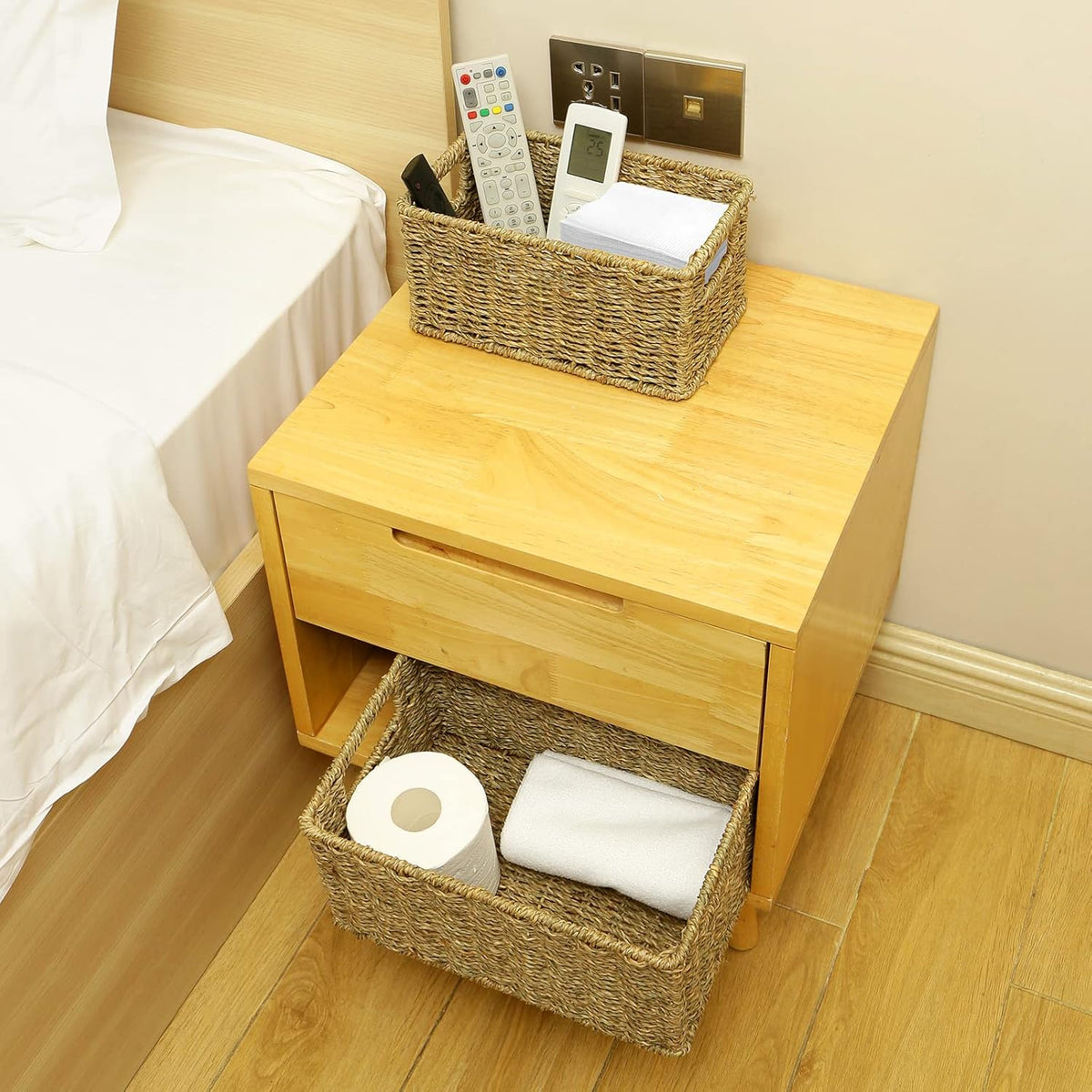 HOONEX Wicker Baskets for Storage, Seagrass Baskets with Dual Handles, Woven Baskets for Shelves