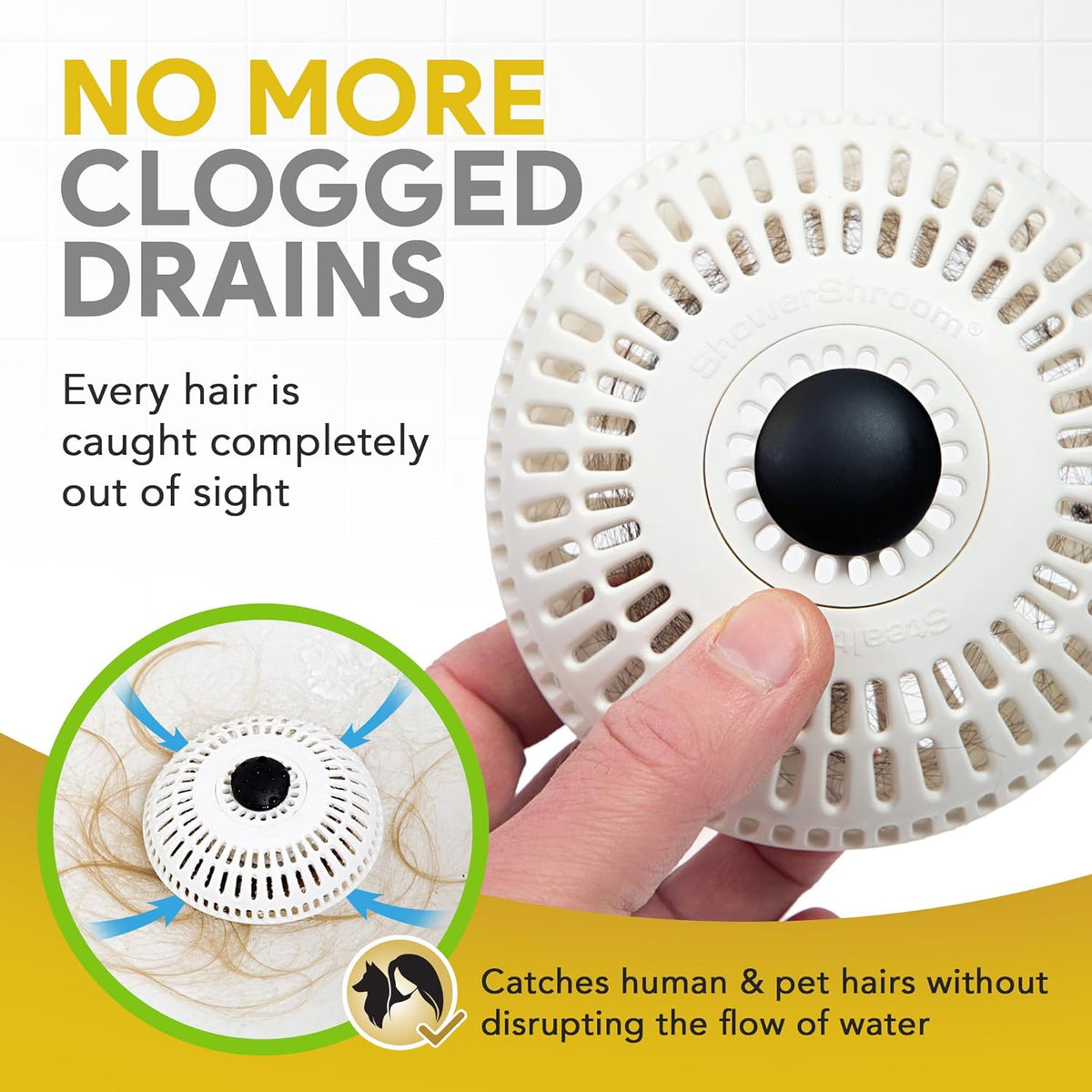 ShowerShroom Stealth Shower Hair Drain Catcher - Hair Stopper for Shower Drain, Bathtub, and