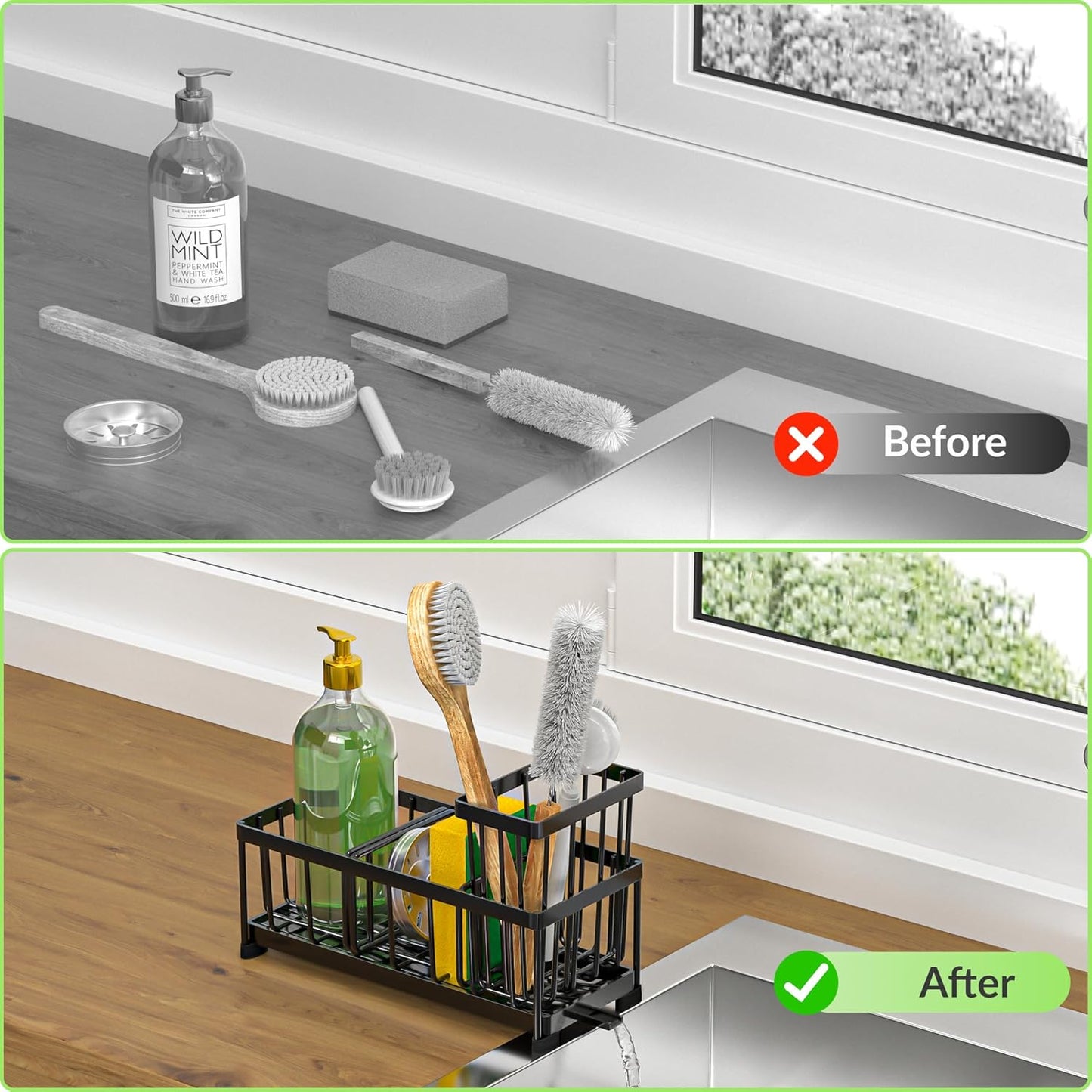 Self-Draining Kitchen Sink Caddy with Elevated Brush Holder – Rustproof Stainless Steel