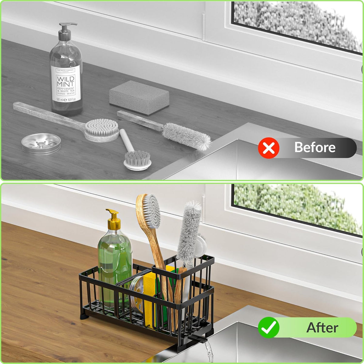 Self-Draining Kitchen Sink Caddy with Elevated Brush Holder – Rustproof Stainless Steel
