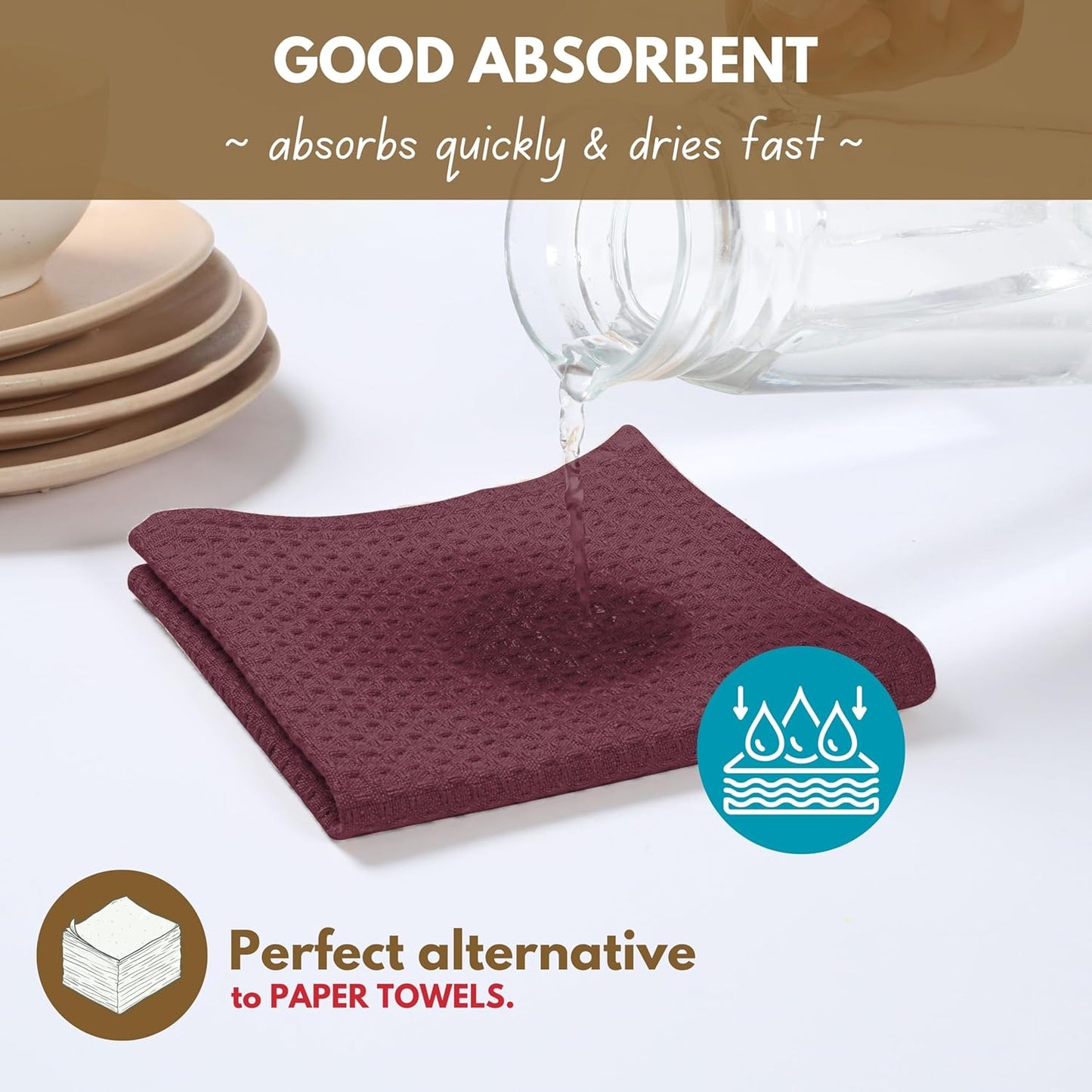 Native Fab Cotton Kitchen Towel with Hanging Loop 16x26 inches, 4-Pack, Waffle Weave Kitchen Towels