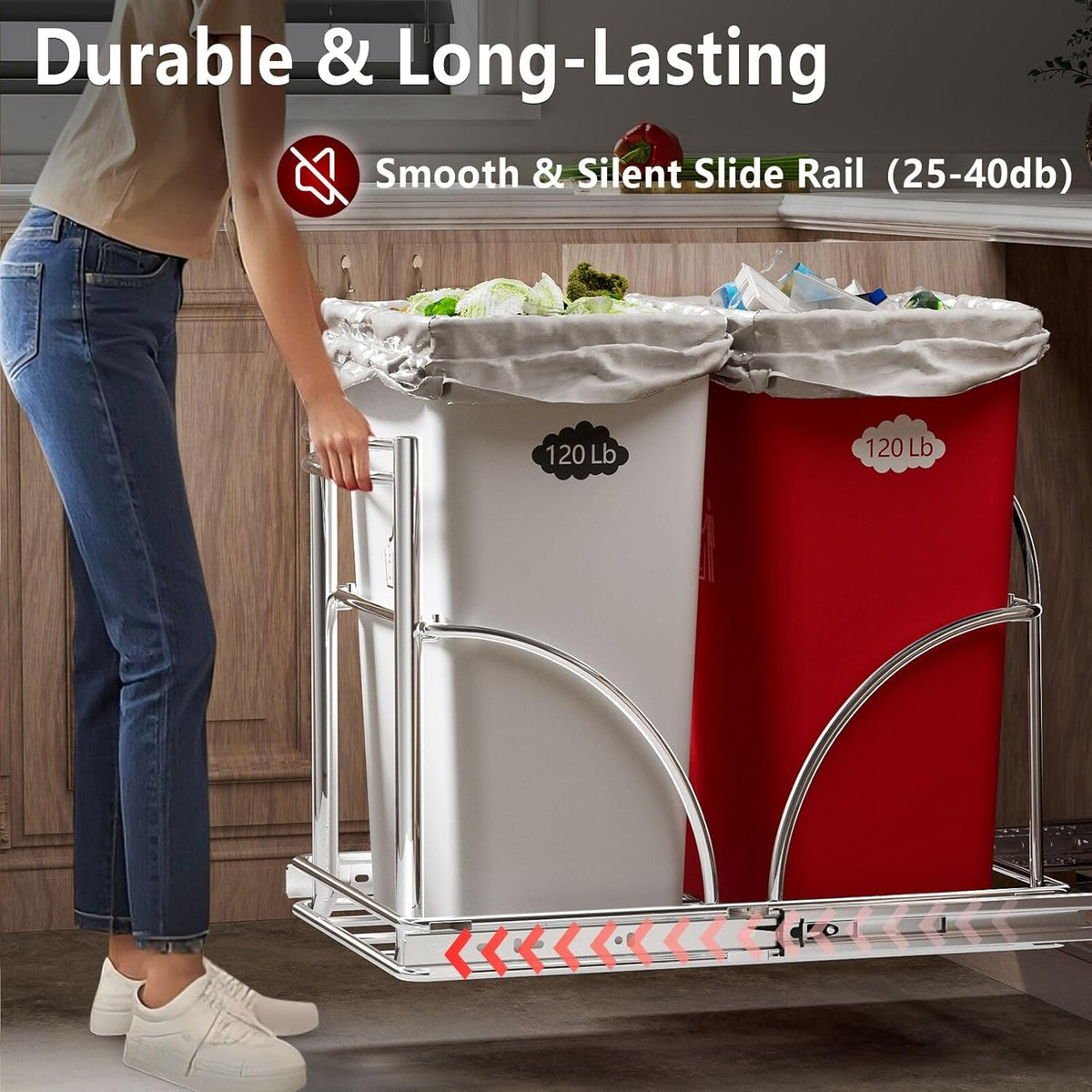 Dual Under Sink Trash Can Heavy Duty Pull Out Trash Can Under Cabinet, Fits 2x35Qt (7-9 Gal)
