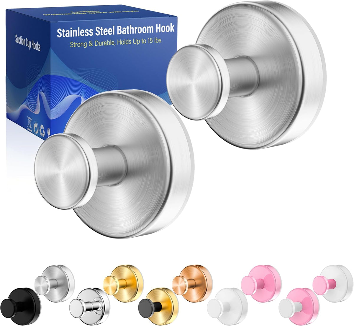 Suction Cup Hooks for Shower,Removable No Drill Towel Hooks,Upgraded 15 lbs Strong Suction hooks
