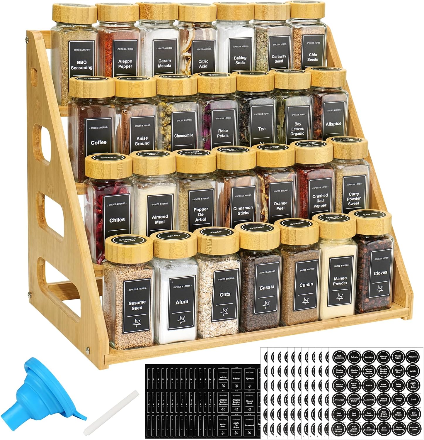 4 Tier Bamboo Spice Rack Organizer with 28 Spice Jars, 780 Labels, Wood Shelf, Chalk Marker and