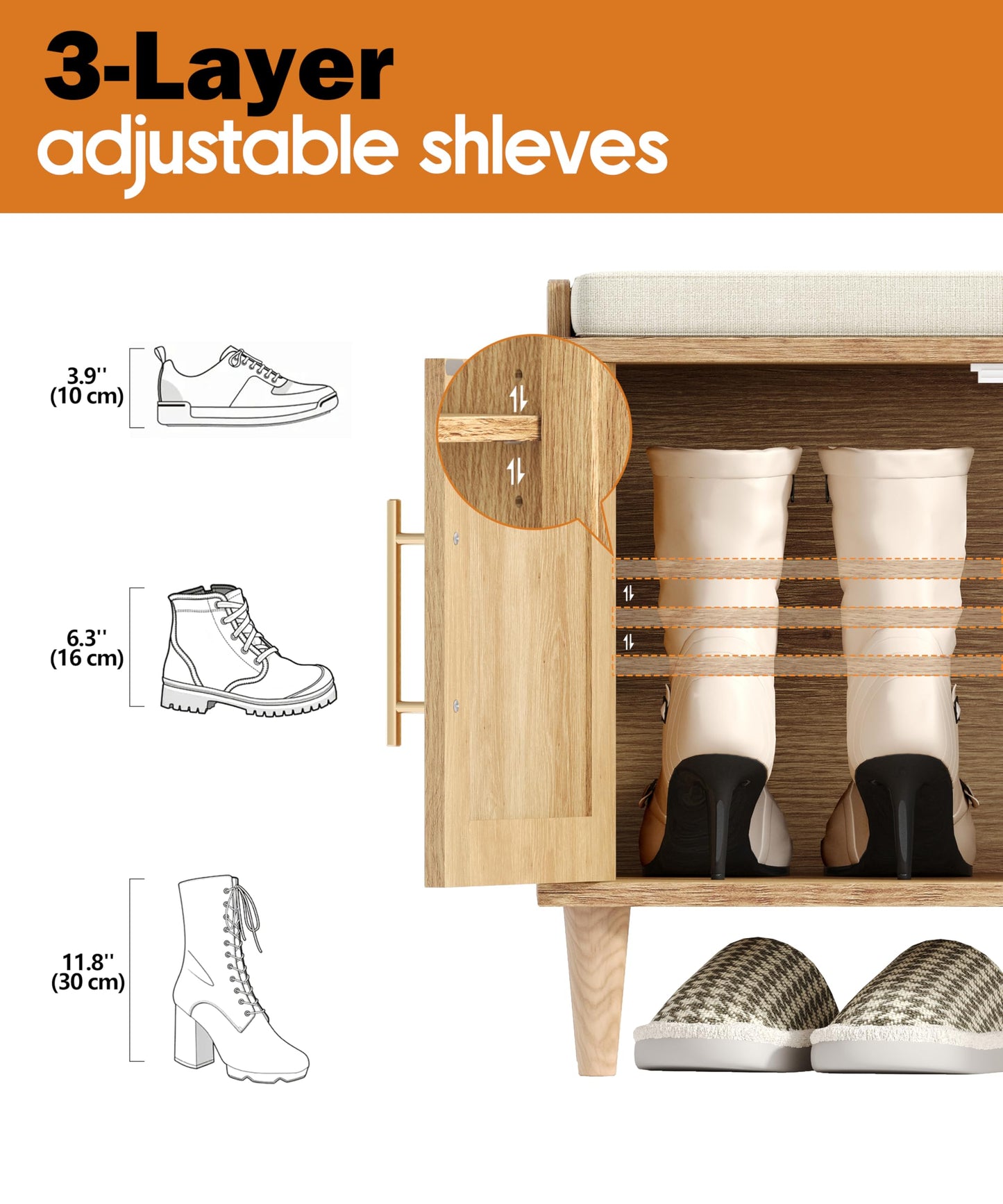 Akxomel 39.4" Rattan Shoe Storage Bench 2 Doors Wooden Entryway Bench Oak