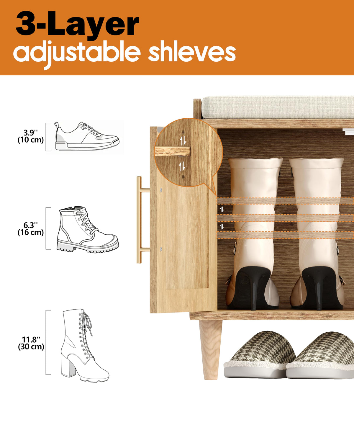 Akxomel 39.4" Rattan Shoe Storage Bench 2 Doors Wooden Entryway Bench Oak