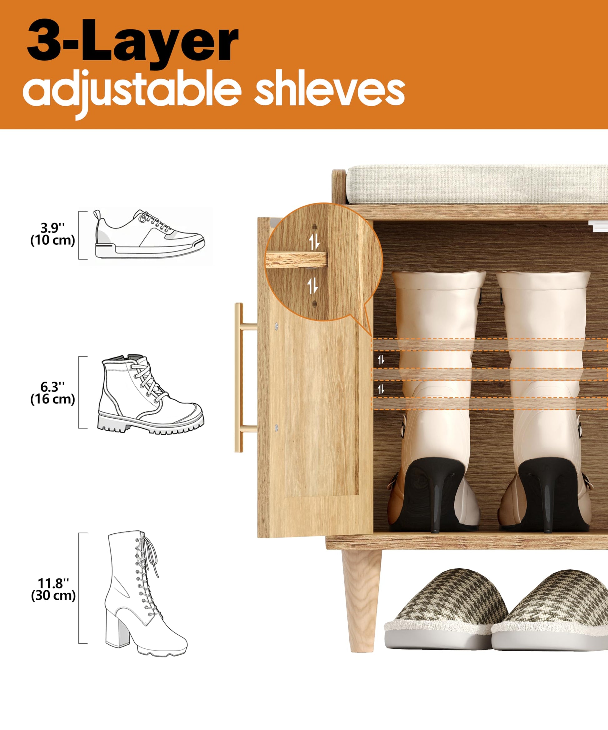 Akxomel 47.2" Rattan Shoe Storage Bench 4 Doors Wooden Entryway Bench Oak