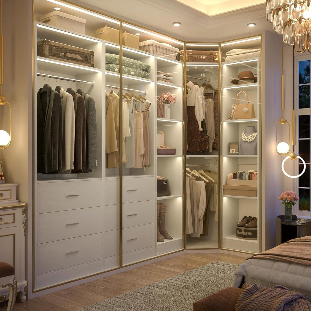 Corner Closet System with 6 Drawers, Closet Organizer System with 14 Shelves & 4 Hanging Rods