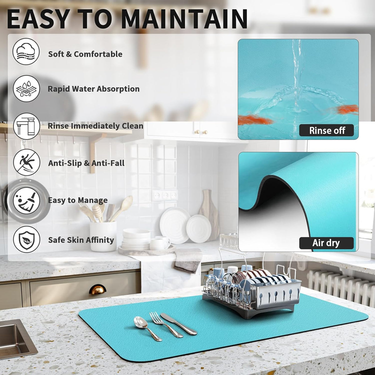 Dish Drying Mat for Kitchen Counter, Heat Resistant Drainer Mats with Non-slip Rubber Backed, Hide