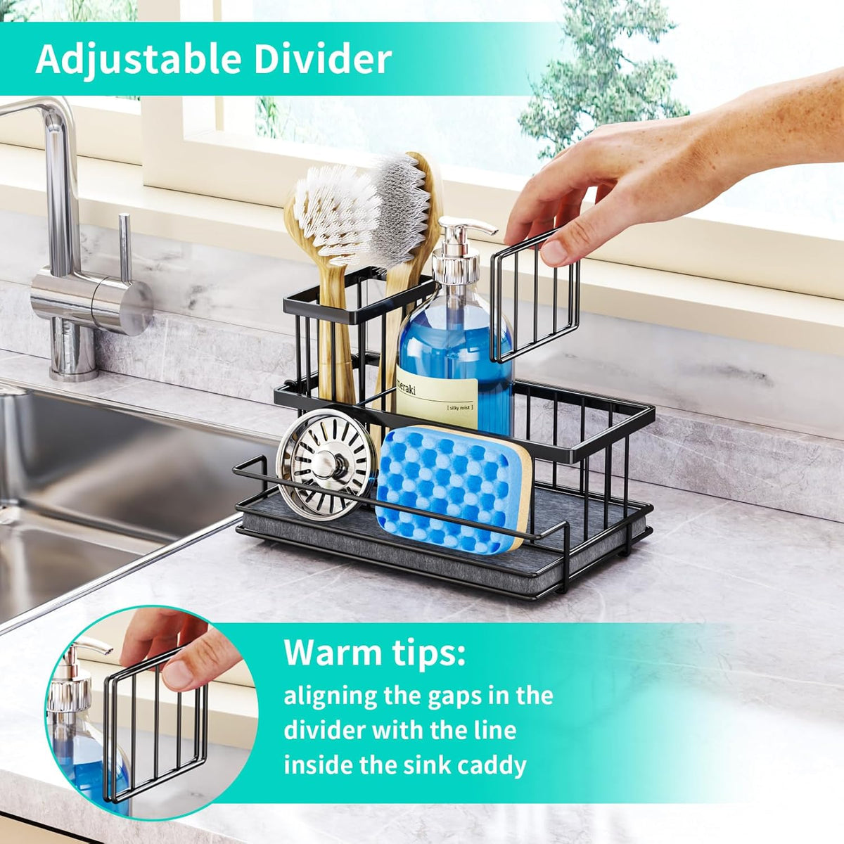 HapiRm Sink Caddy Sponge Holder - Kitchen Sink Organizer with Instant Drying Stone and Brush