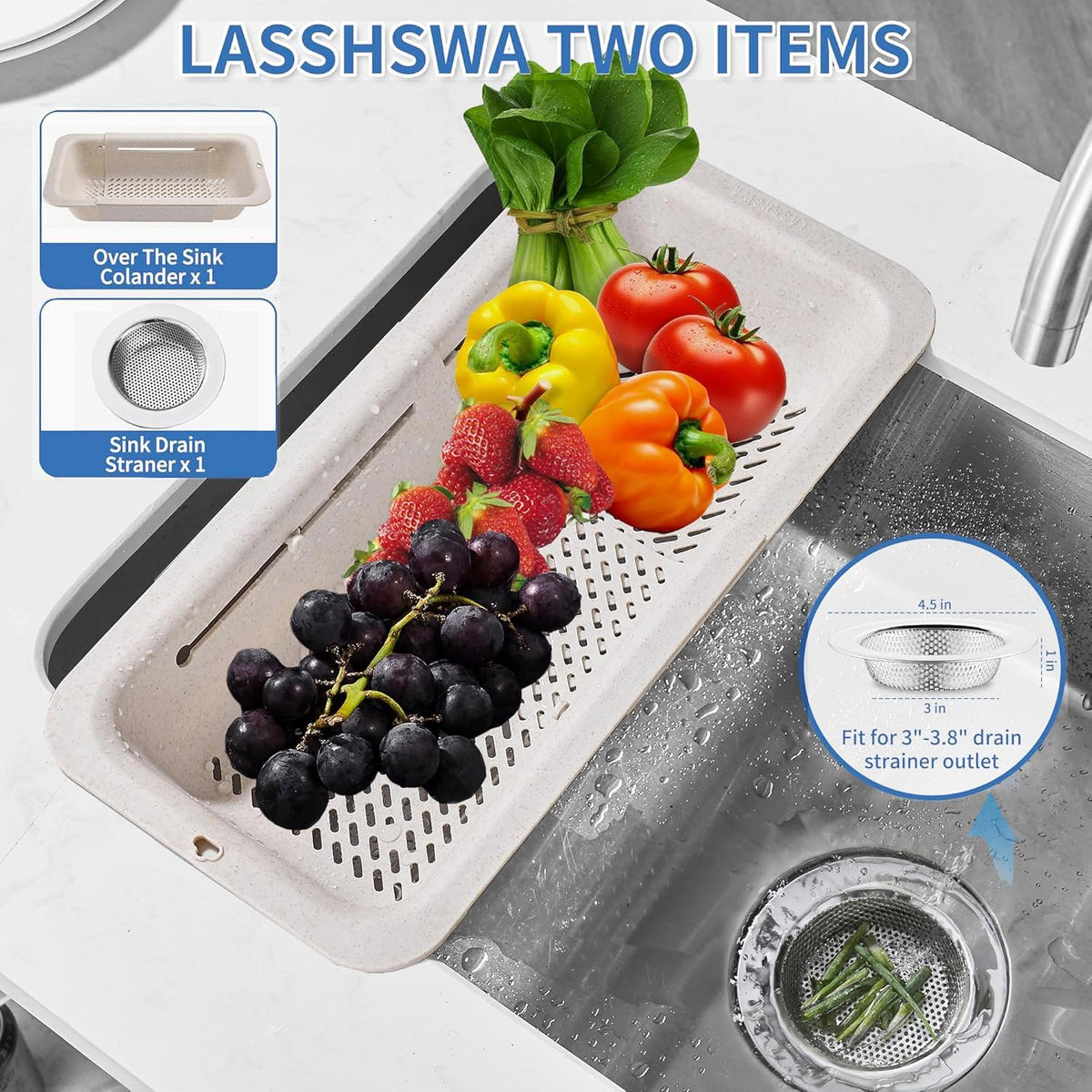 LASSHSWA Collapsible Colander and Strainer for Kitchen, Over the Sink Strainer Basket for Kitchen