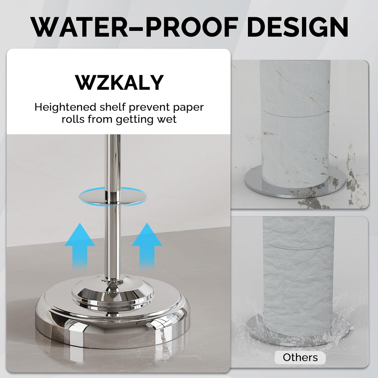 Freestanding Toilet Paper Holder Stand with Storage – Holds 4 Extra Rolls – Chrome Toilet Paper
