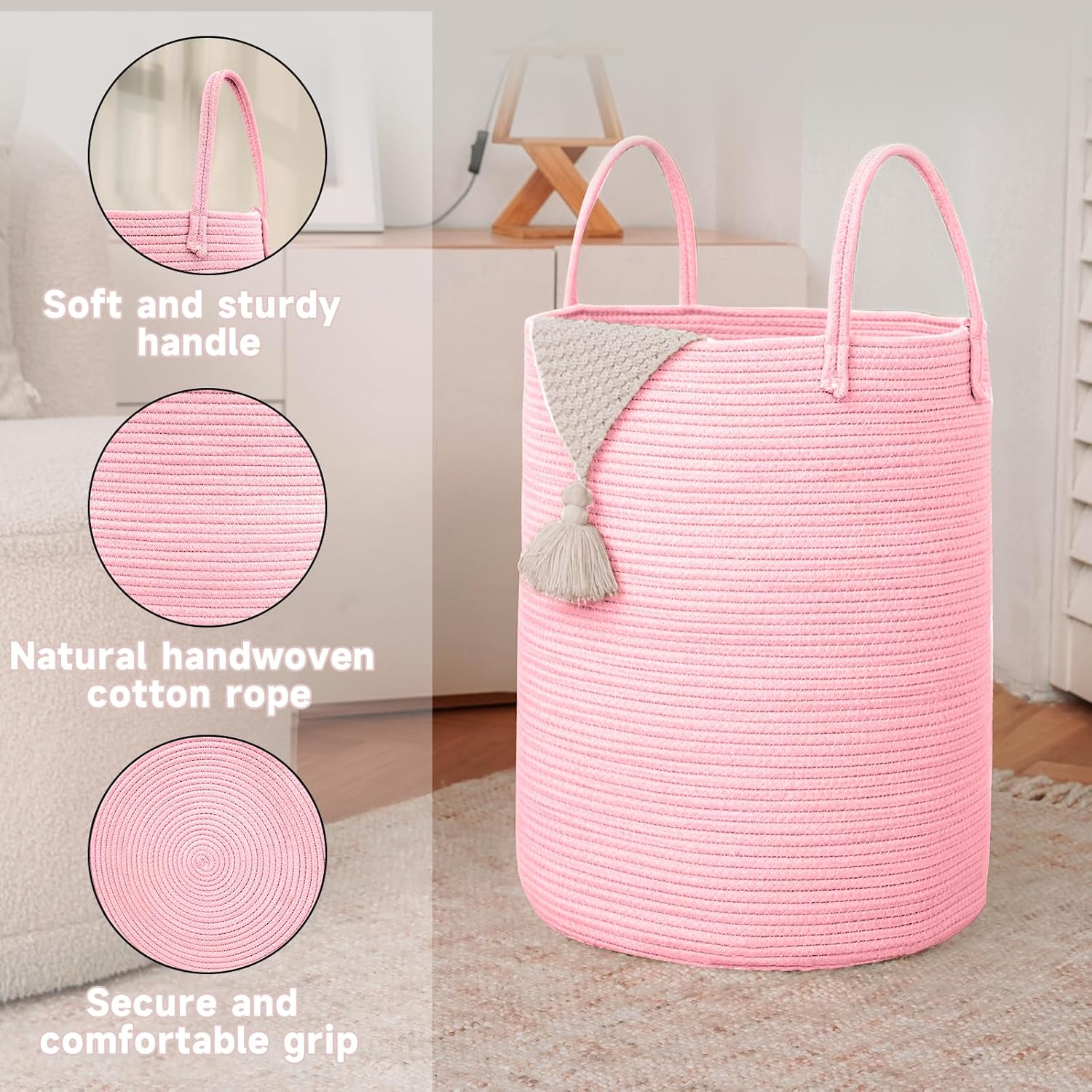 Large Woven Laundry Basket Hamper,80L Cotton Rope Storage Bin for Blankets,Toys and