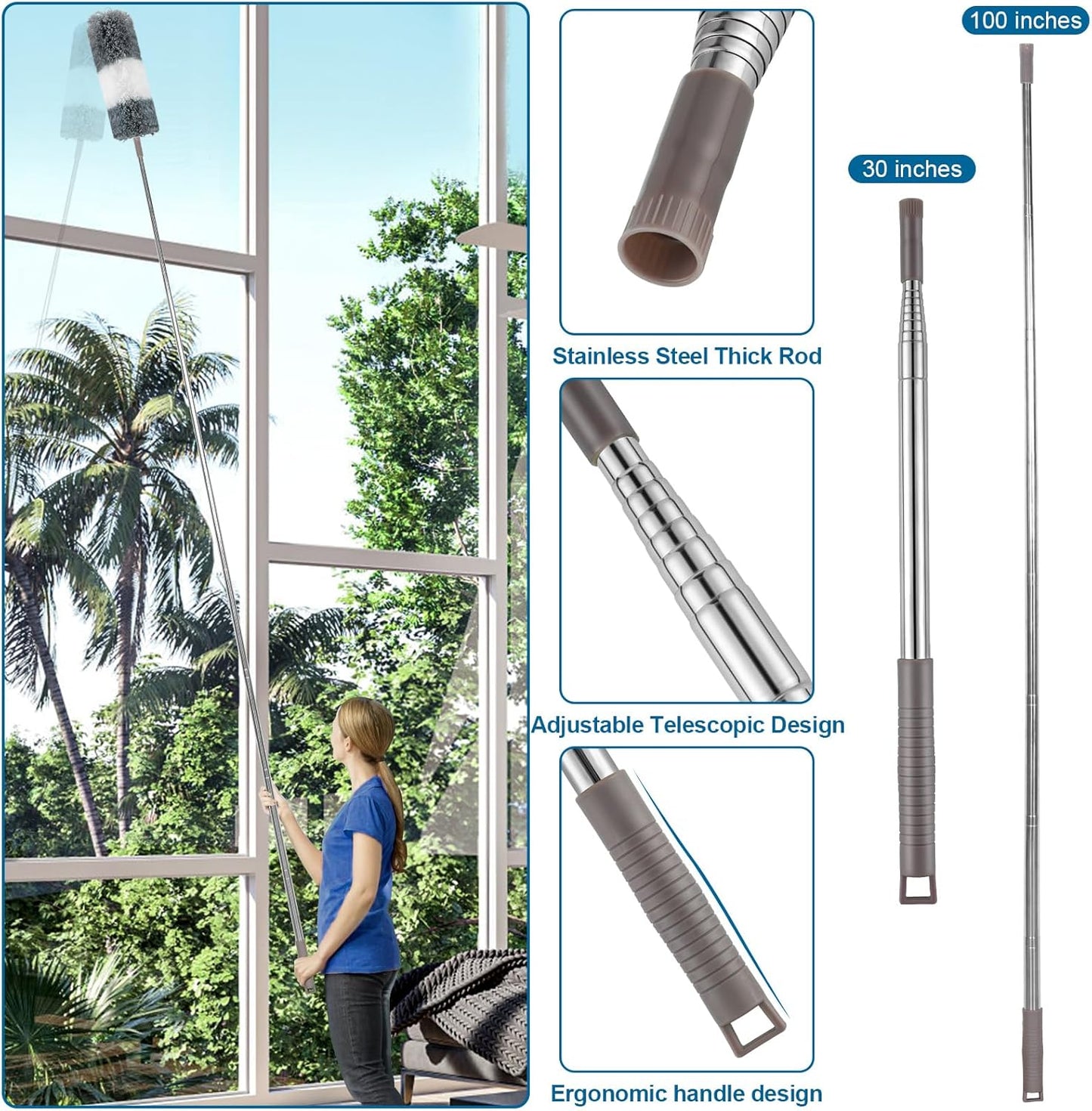 Microfiber Duster, 4PCS with Extension Pole(Stainless Steel) 30 to 100 Inches, Reusable Bendable