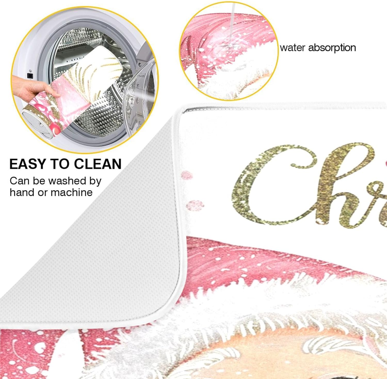 Christmas Santa Claus Pink Dish Drying Mat for Kitchen Countertop 16x18 Xmas Candy Cane Snowflake