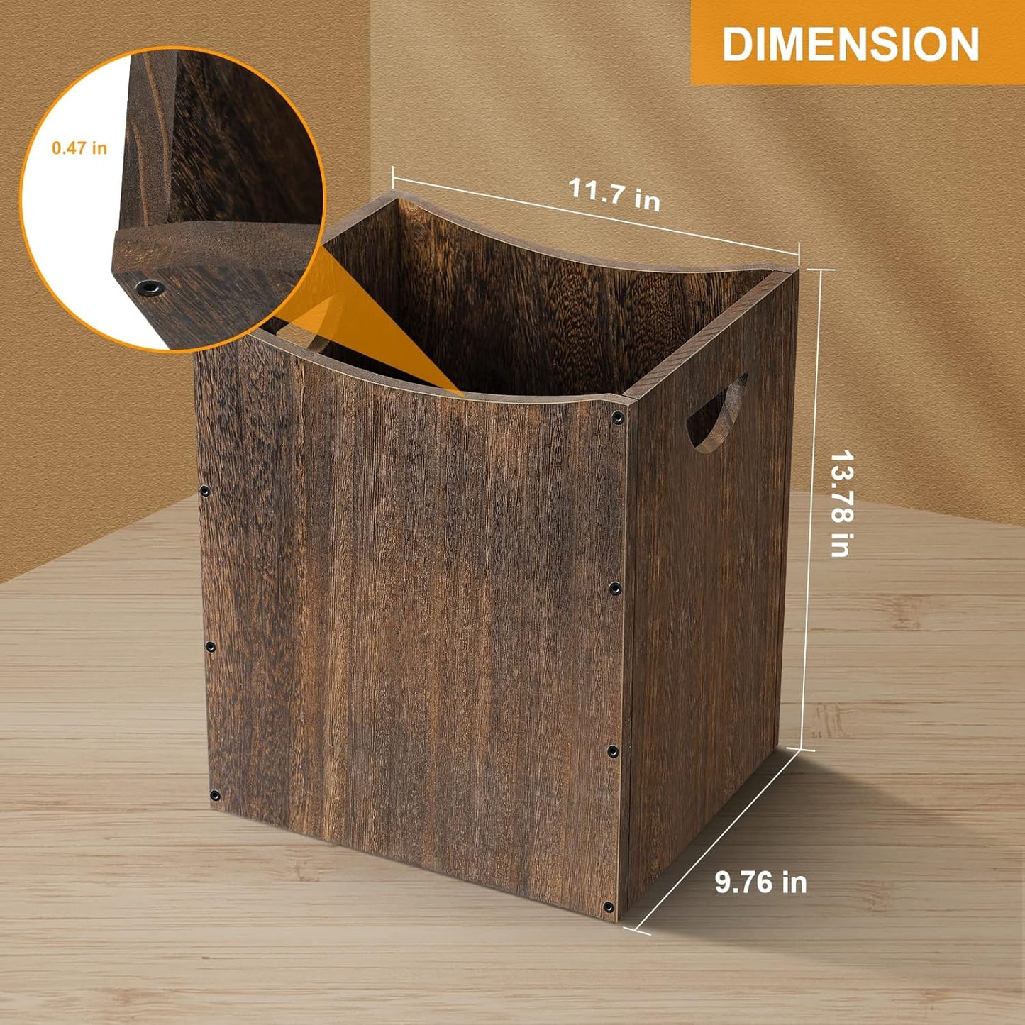 Wood Trash Can 5.3 Gallon Office Wastebasket Farmhouse Rectangular Garbage Can with Built-in