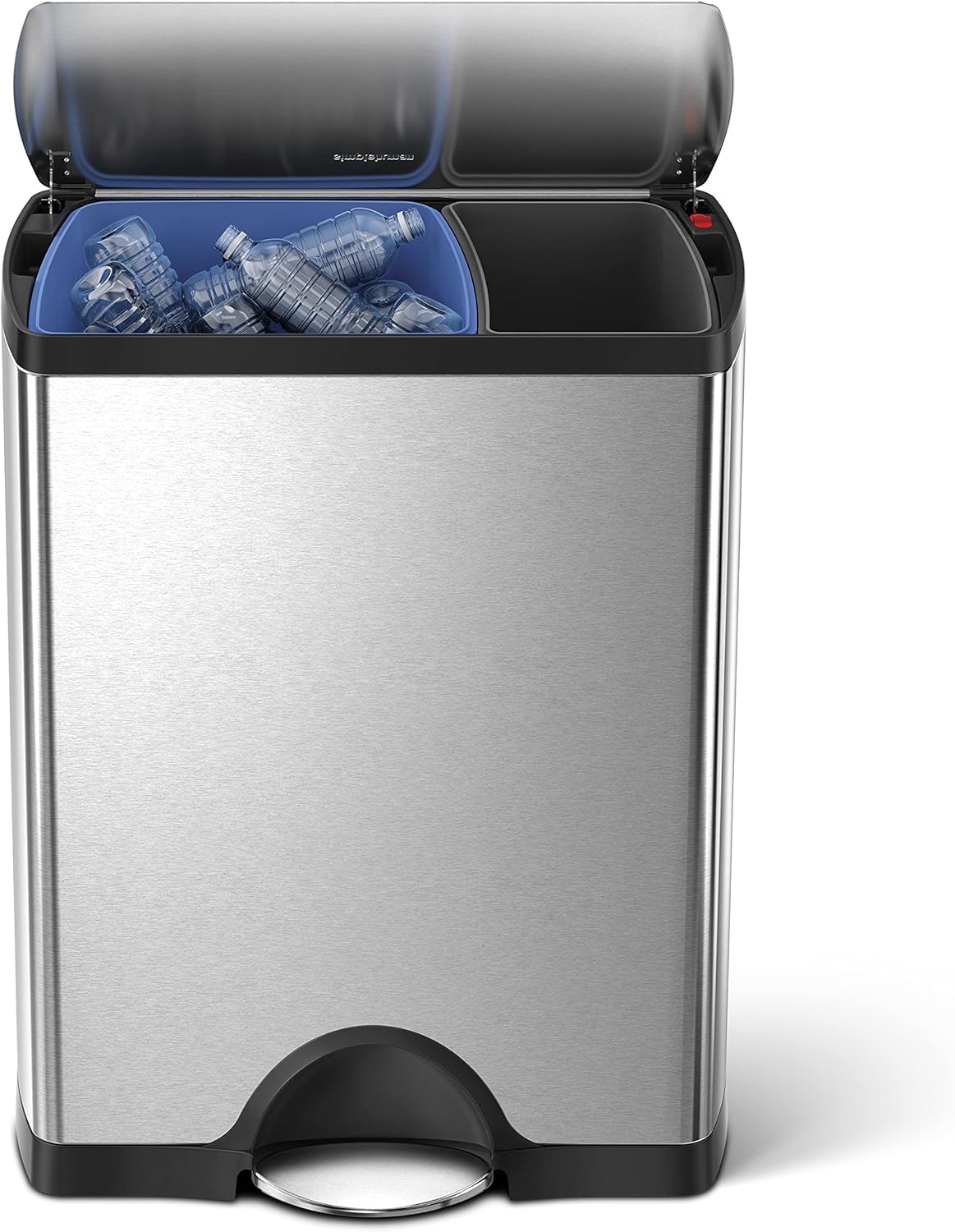 simplehuman Rectangular Dual Compartment Recycling Kitchen Step Trash Can, 46 Liter, Brushed