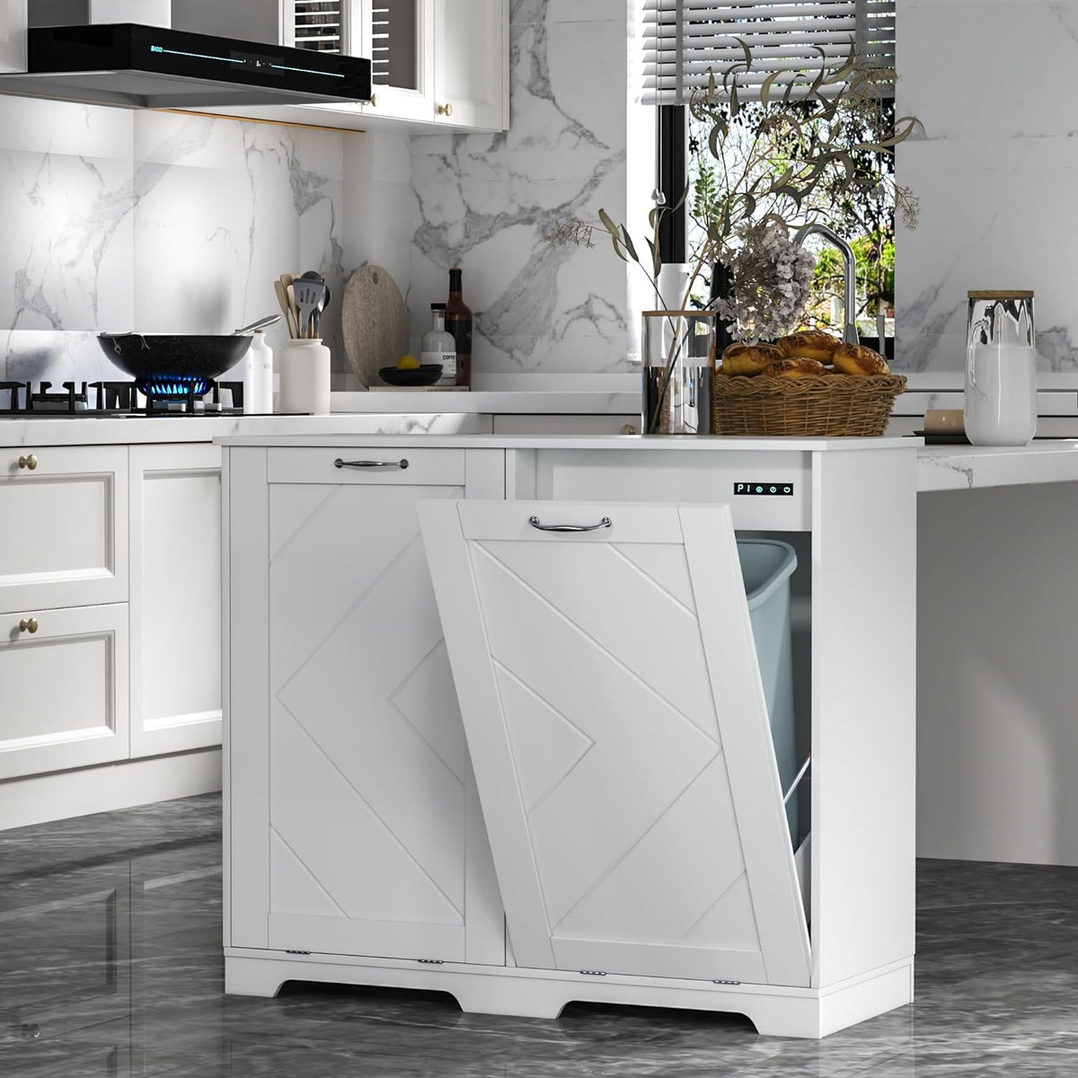 VECELO Double Tilt Out Kitchen Trash Bin Cabinet Dog Proof Garbage Can with Wood Holder Free