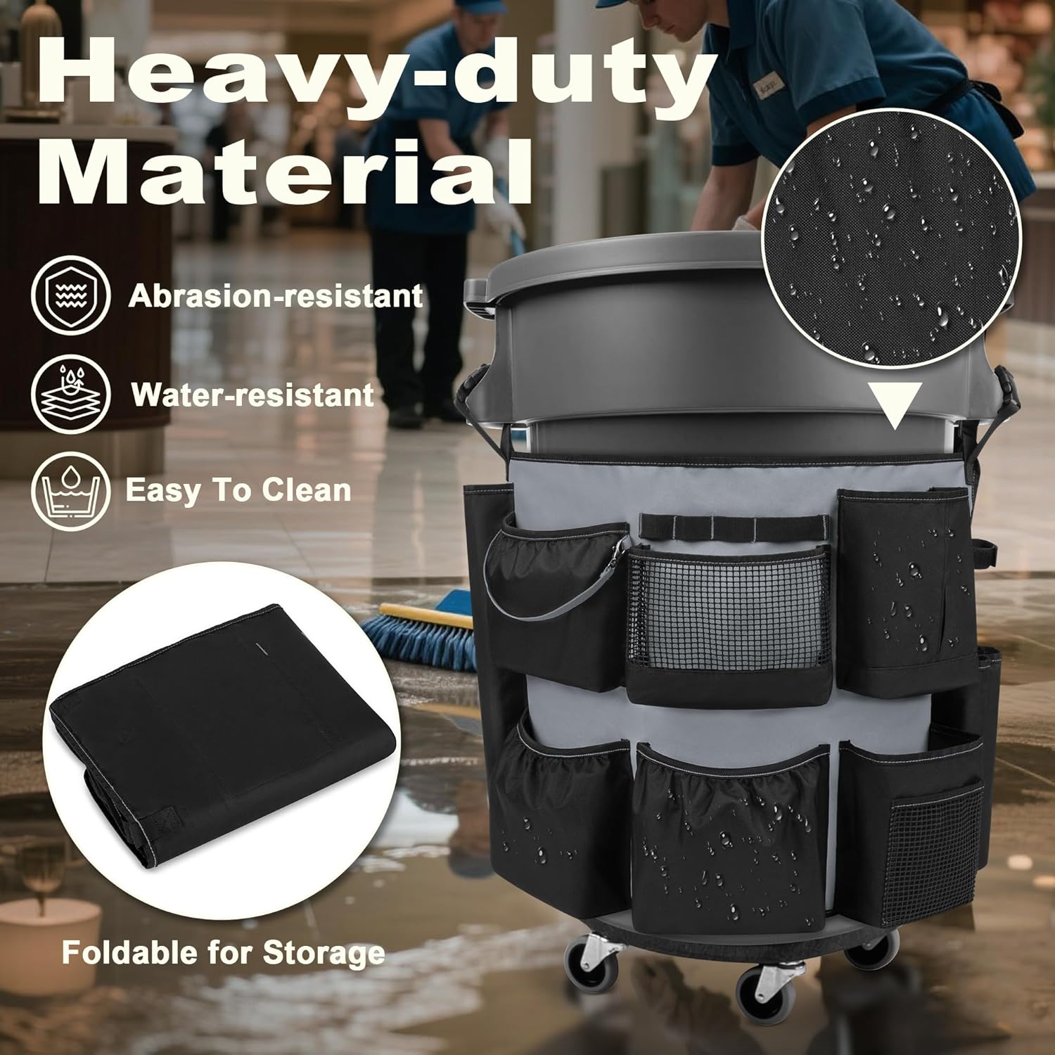 32-55 Gallon Trash Can Caddy Bag, Garbage Bin Apron Caddy with Multiple Pockets for Cleaning