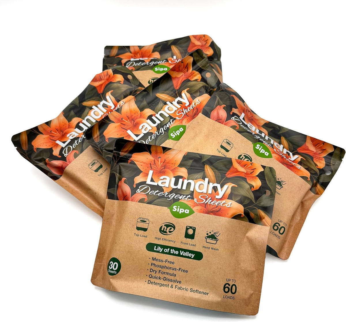 Pack of 5 SIPA Laundry Detergent Sheets Bag - 30 Sheets, Up to 60 Loads, Lily of the Valley Scent