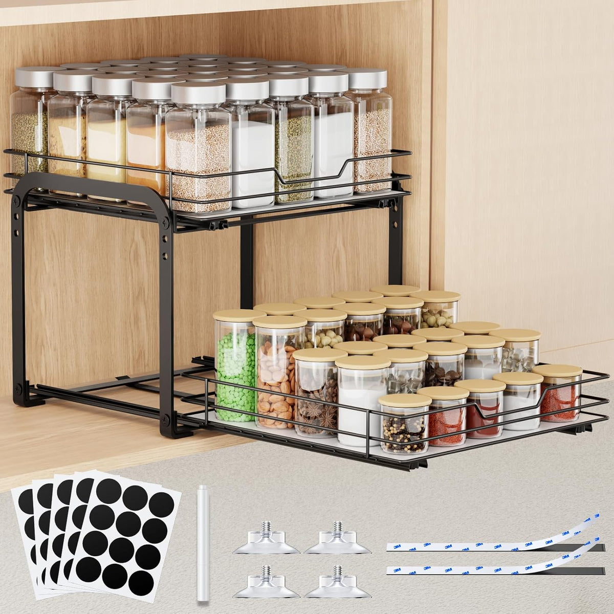Spice Rack Organizer for Cabinet, 2 Tier Pull Out Spice Rack – Heavy Duty Metal Spice Organization
