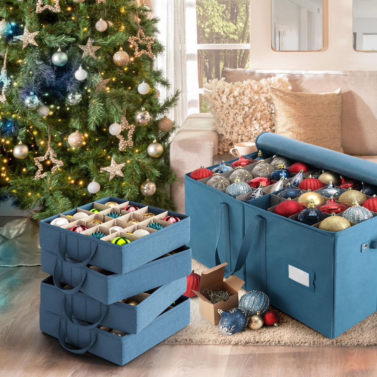 Hearth & Harbor Large Christmas Ornament Storage Box With Adjustable Dividers - Ornament Storage