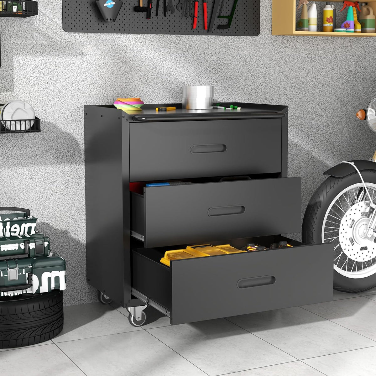 Metal Storage Cabinet with Wheels, Garage Storage Cabinet with 3 Drawers, Rolling Tool Storage
