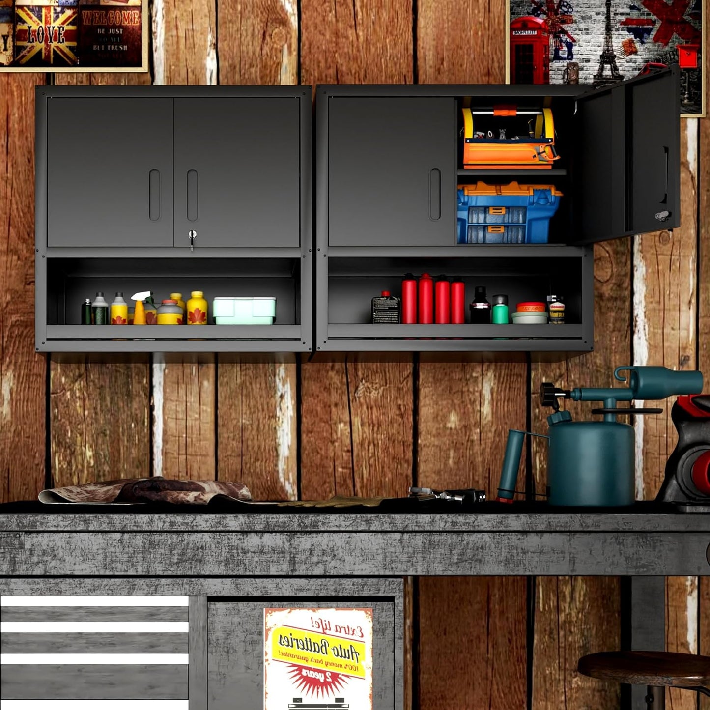 Garage Wall Cabinet with Doors and Shelves, Wall Mounted Metal Storage Cabinet with Open Storage