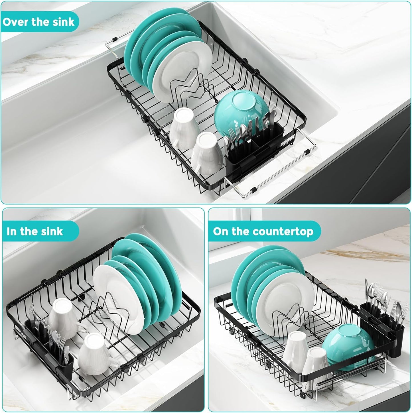 Small Expandable Over The Sink Dish Drainer Drying Rack In Stainless Steel Metal For Kitchen