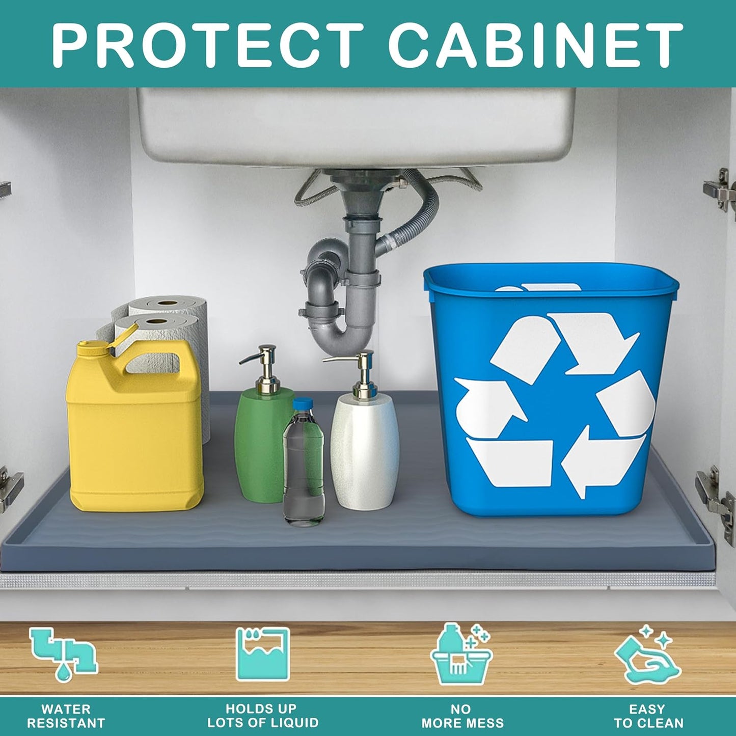 URMONA Waterproof Silicone Under Sink Mat 37'' x 22'' Shelf Liner for Kitchen and Bathroom, Cabinet